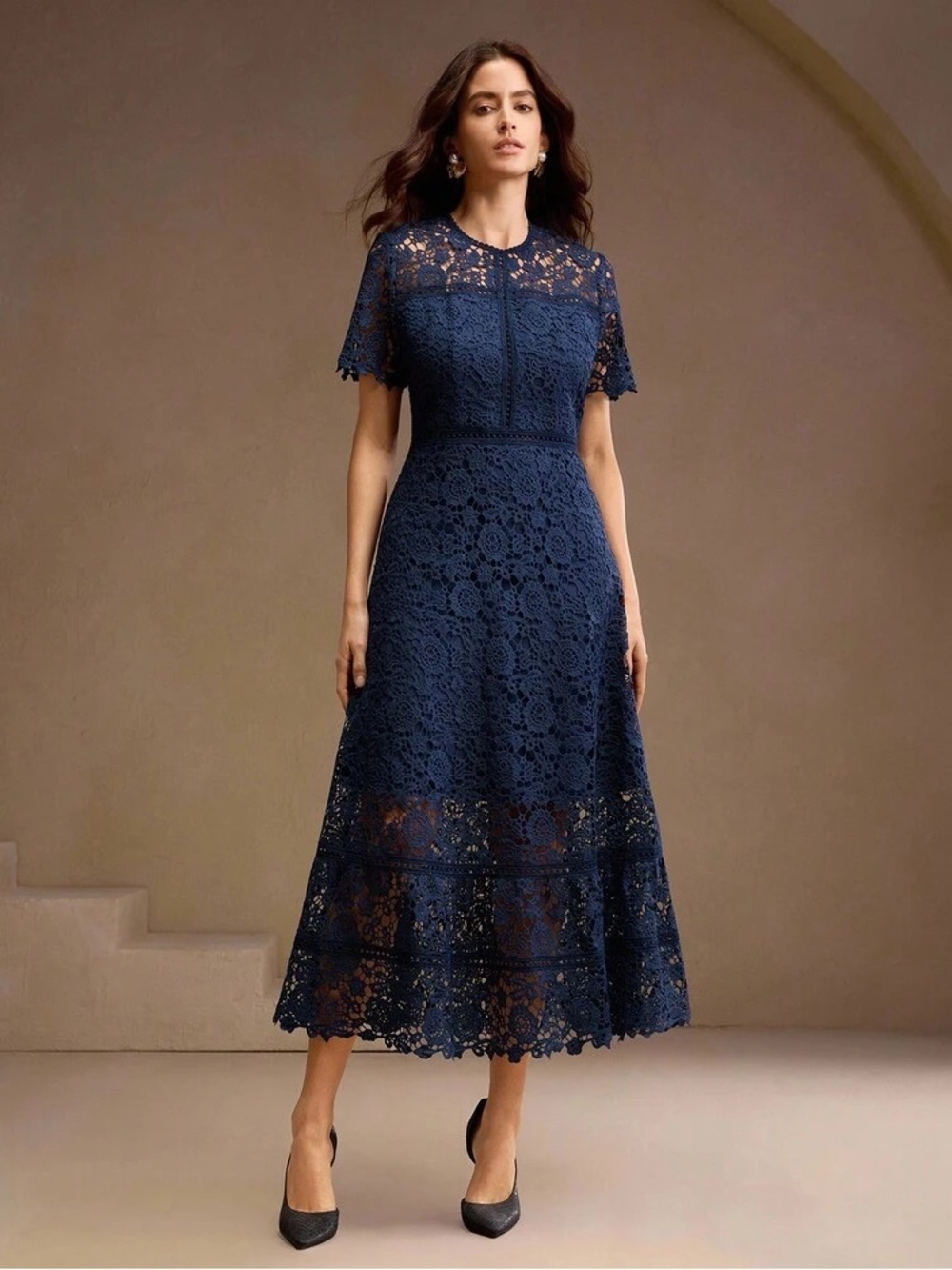 Anewsta Elegant Lace Patchwork Graceful Midi Dress
